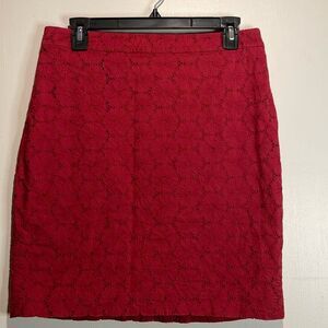 J. Crew- The Pencil Skirt Red Floral Lace Eyelet Detail Zipper Back- Size 8P